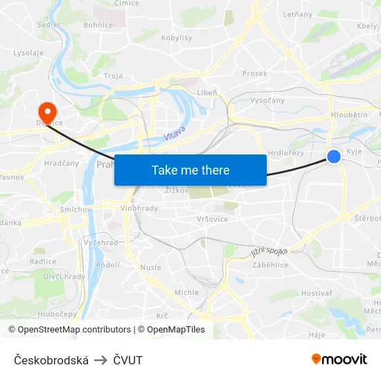 Českobrodská to ČVUT map