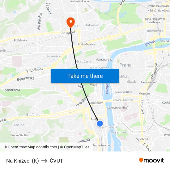 Na Knížecí (K) to ČVUT map
