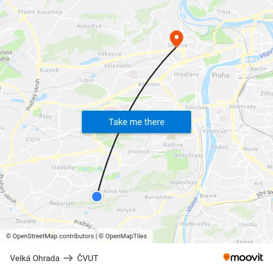Velká Ohrada to ČVUT map