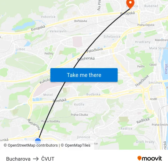 Bucharova to ČVUT map