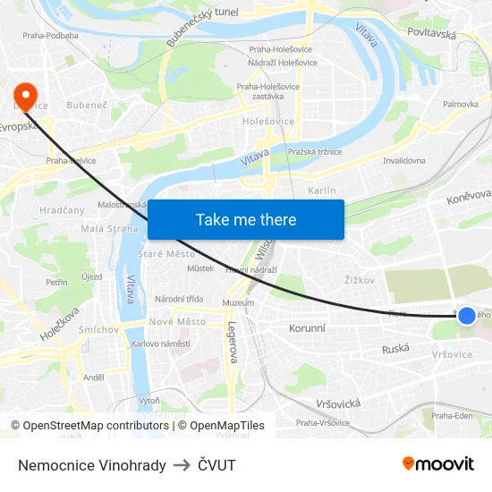 Nemocnice Vinohrady to ČVUT map