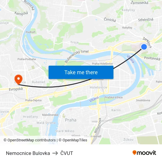 Nemocnice Bulovka to ČVUT map