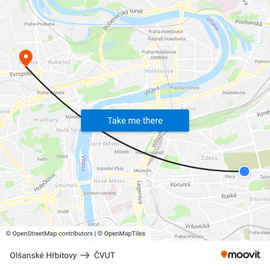 Olšanské Hřbitovy to ČVUT map