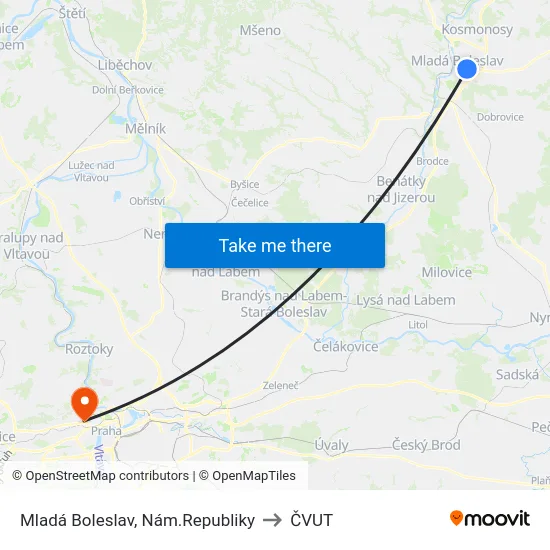 Mladá Boleslav, Nám.Republiky to ČVUT map