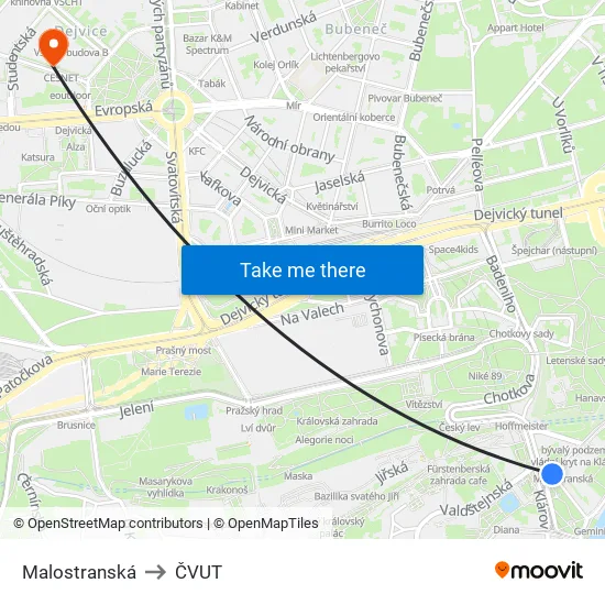Malostranská to ČVUT map