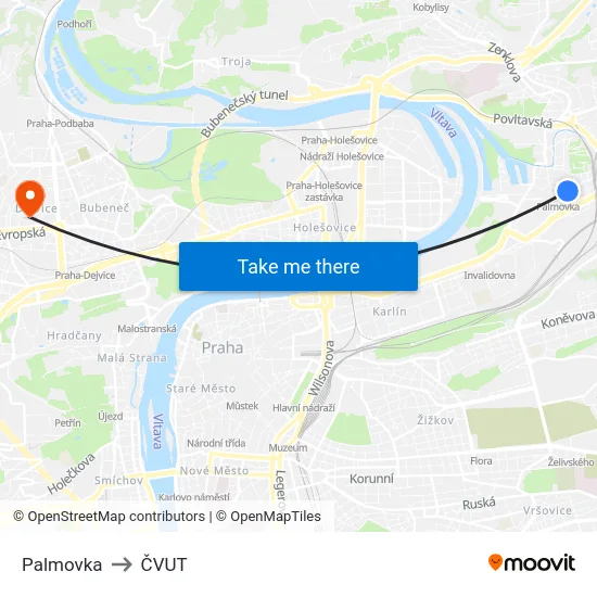 Palmovka to ČVUT map