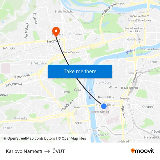 Karlovo Náměstí to ČVUT map