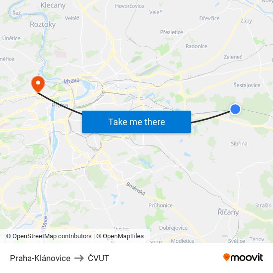 Praha-Klánovice to ČVUT map