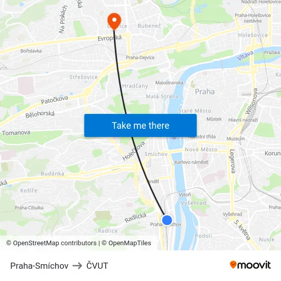 Praha-Smíchov to ČVUT map