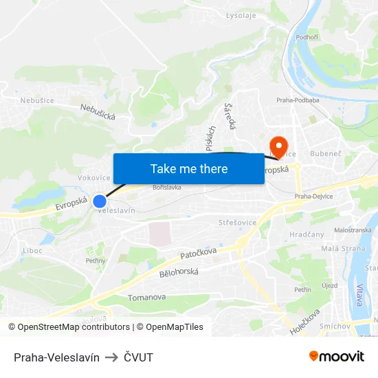 Praha-Veleslavín to ČVUT map