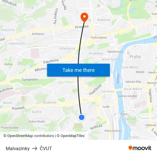 Malvazinky to ČVUT map