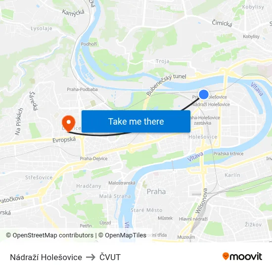 Nádraží Holešovice to ČVUT map