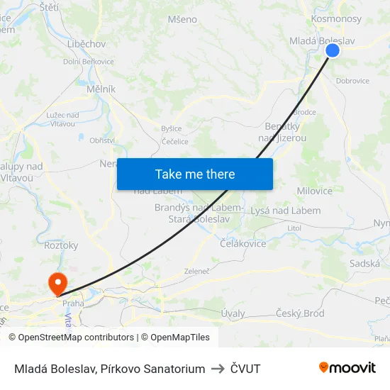 Mladá Boleslav, Pírkovo Sanatorium to ČVUT map