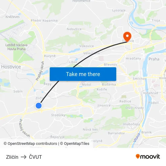 Zličín to ČVUT map