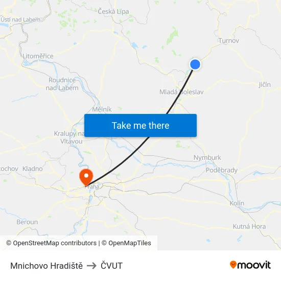Mnichovo Hradiště to ČVUT map