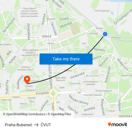 Praha-Bubeneč to ČVUT map
