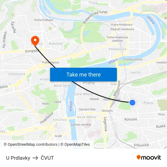 U Prdlavky to ČVUT map