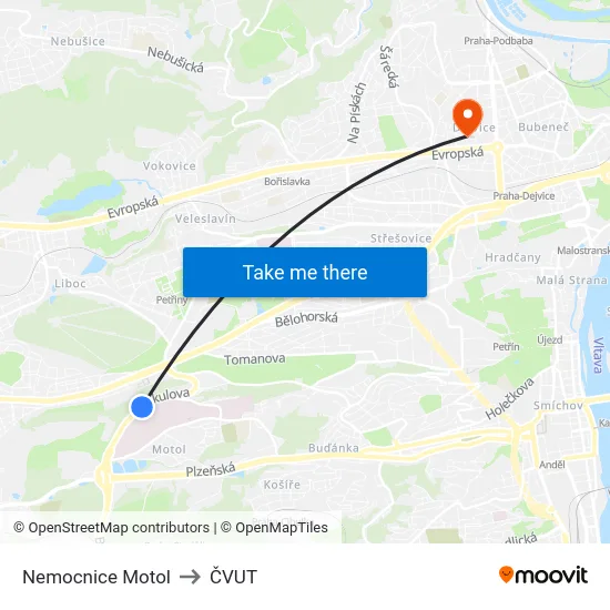 Nemocnice Motol to ČVUT map