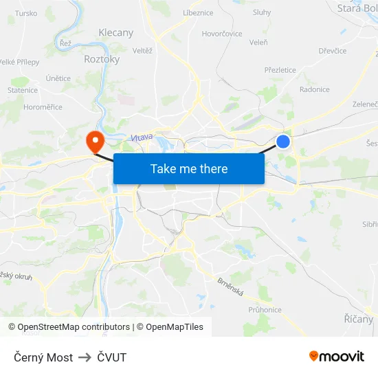 Černý Most to ČVUT map