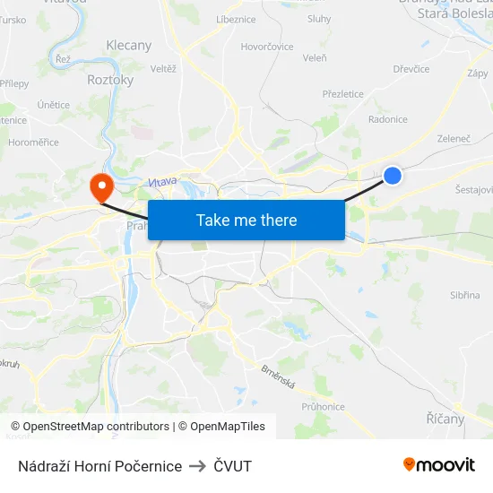 Nádraží Horní Počernice to ČVUT map