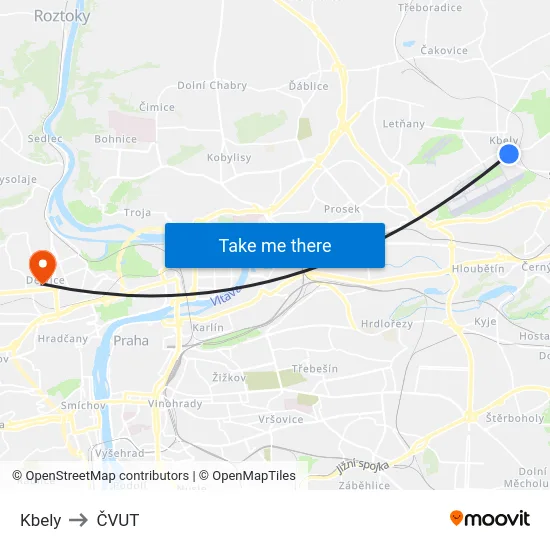 Kbely to ČVUT map
