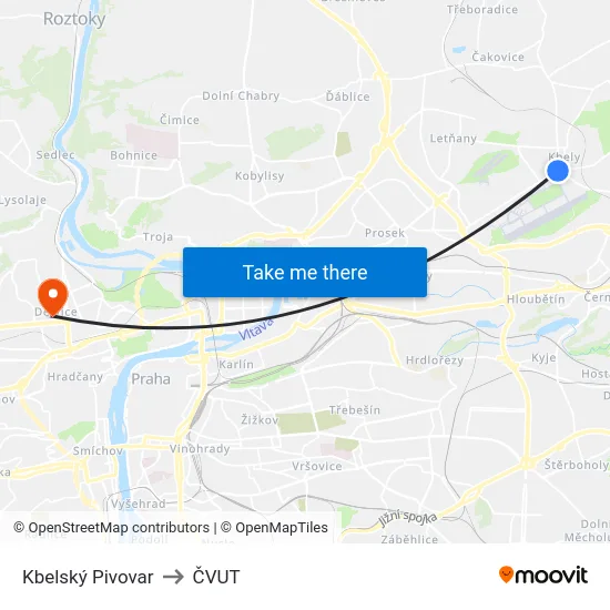 Kbelský Pivovar to ČVUT map