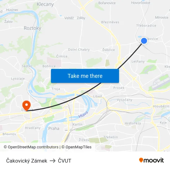 Čakovický Zámek to ČVUT map