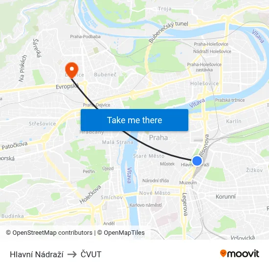 Hlavní Nádraží to ČVUT map