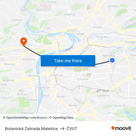 Botanická Zahrada Malešice to ČVUT map