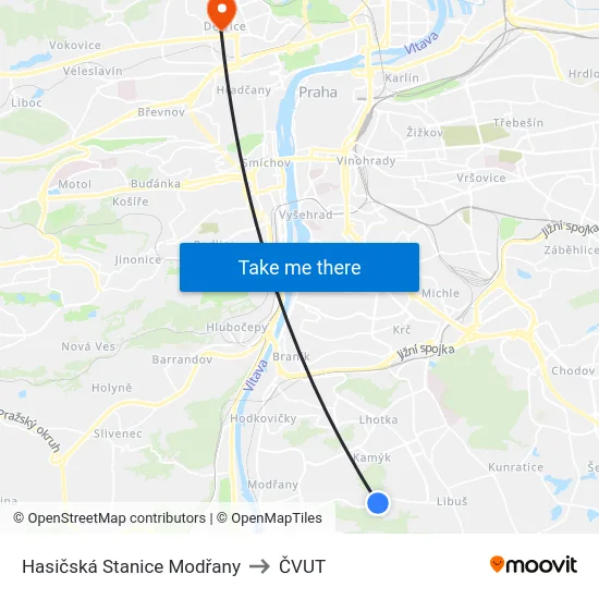 Hasičská Stanice Modřany to ČVUT map