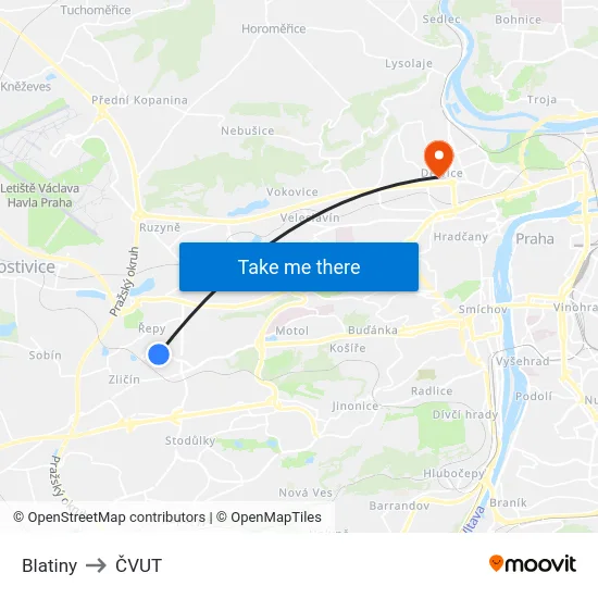 Blatiny to ČVUT map