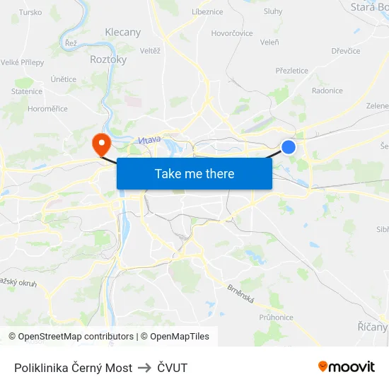 Poliklinika Černý Most to ČVUT map