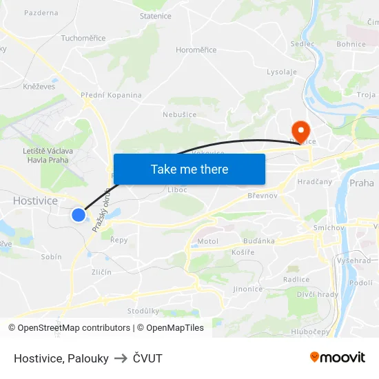 Hostivice, Palouky to ČVUT map