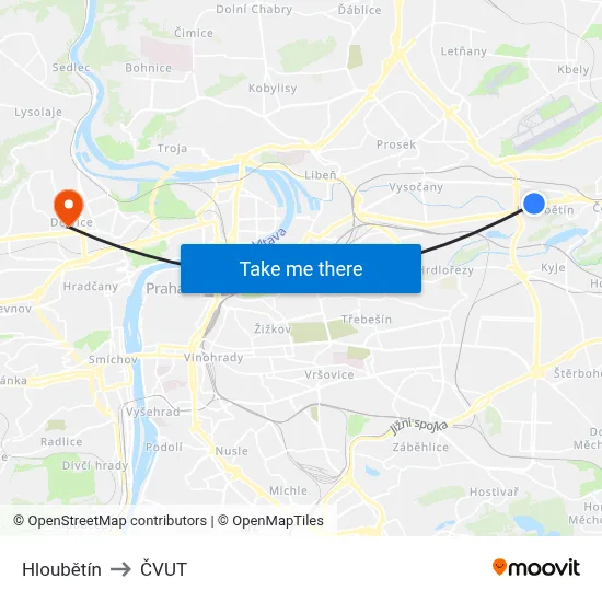 Hloubětín to ČVUT map