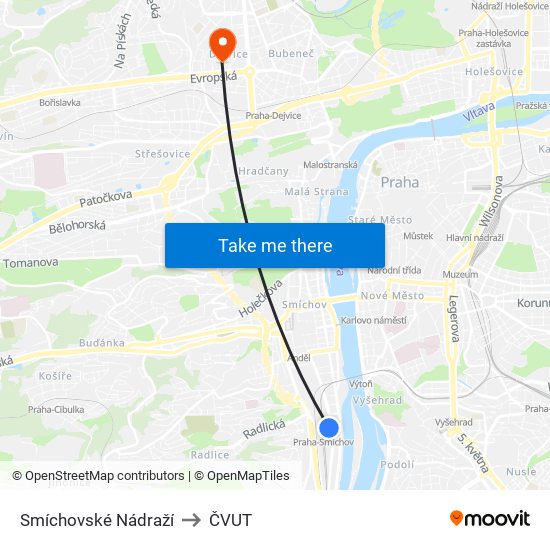 Smíchovské Nádraží to ČVUT map