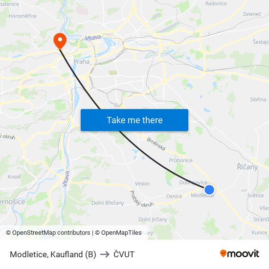 Modletice, Kaufland (B) to ČVUT map