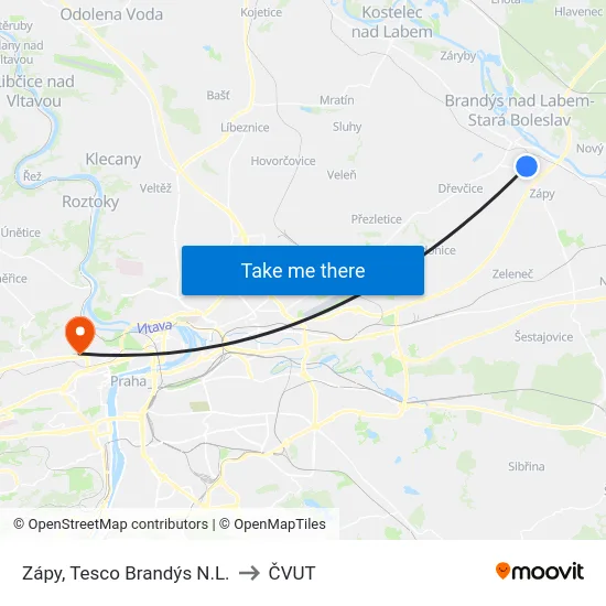 Zápy, Tesco Brandýs N.L. to ČVUT map