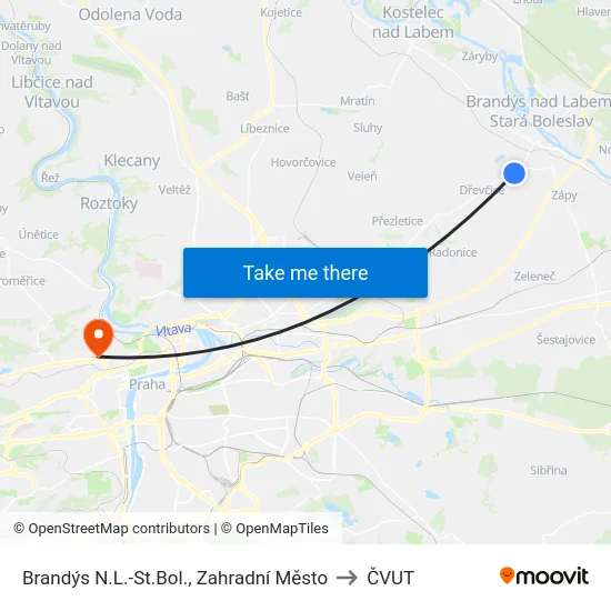 Brandýs N.L.-St.Bol., Zahradní Město to ČVUT map