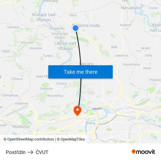 Postřižín to ČVUT map