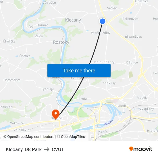 Klecany, D8 Park to ČVUT map