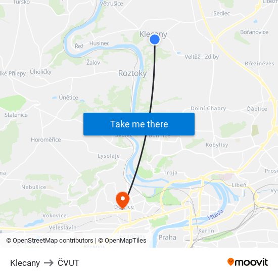 Klecany (B) to ČVUT map