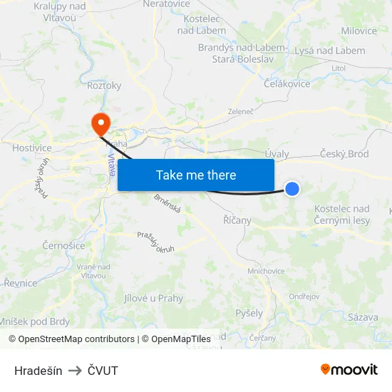Hradešín to ČVUT map