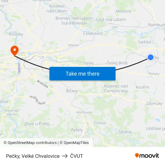 Pečky, Velké Chvalovice to ČVUT map