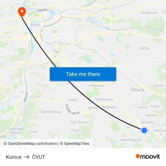 Kunice to ČVUT map