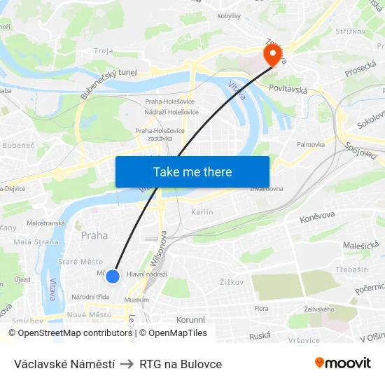 Václavské Náměstí to RTG na Bulovce map