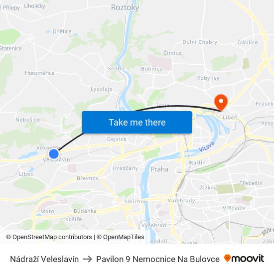 Nádraží Veleslavín to Pavilon 9 Nemocnice Na Bulovce map