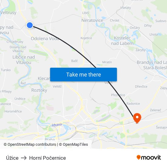 Úžice to Horní Počernice map