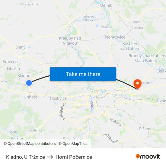 Kladno, U Tržnice to Horní Počernice map