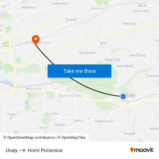 Úvaly to Horní Počernice map