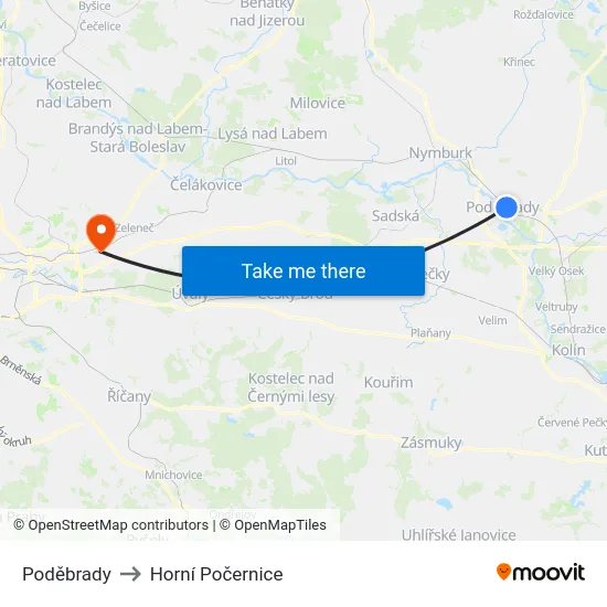 Poděbrady to Horní Počernice map
